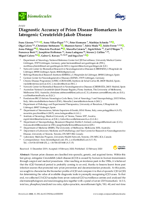 (PDF) Diagnostic Accuracy of Prion Disease Biomarkers in Iatrogenic ...