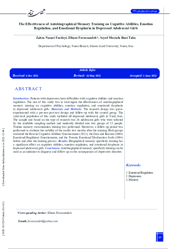 (PDF) The Effectiveness of Autobiographical Memory Training on ...