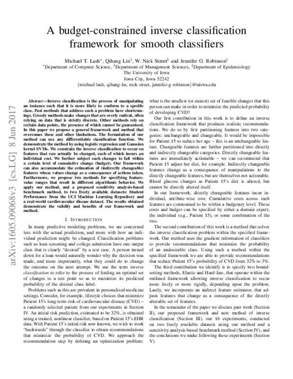 (PDF) A Budget-Constrained Inverse Classification Framework for Smooth ...