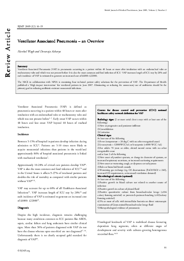 (PDF) Ventilator Associated Pneumonia - an overview