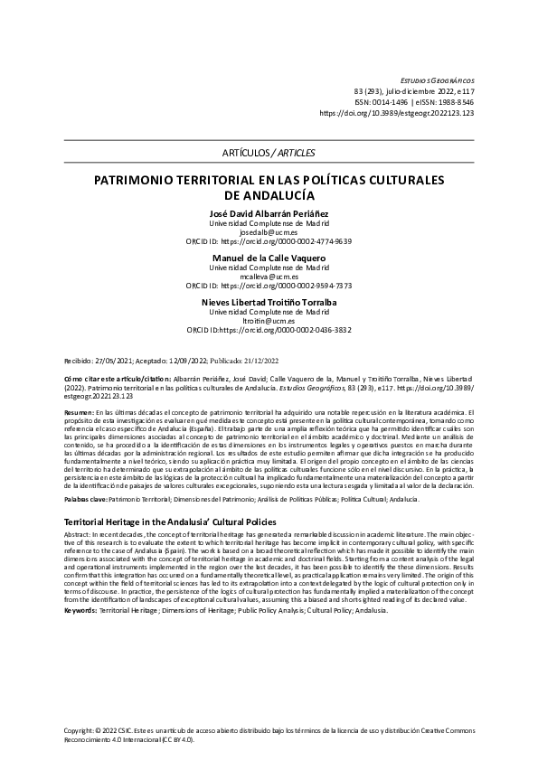 (PDF) Patrimonio territorial en las políticas culturales de Andalucía