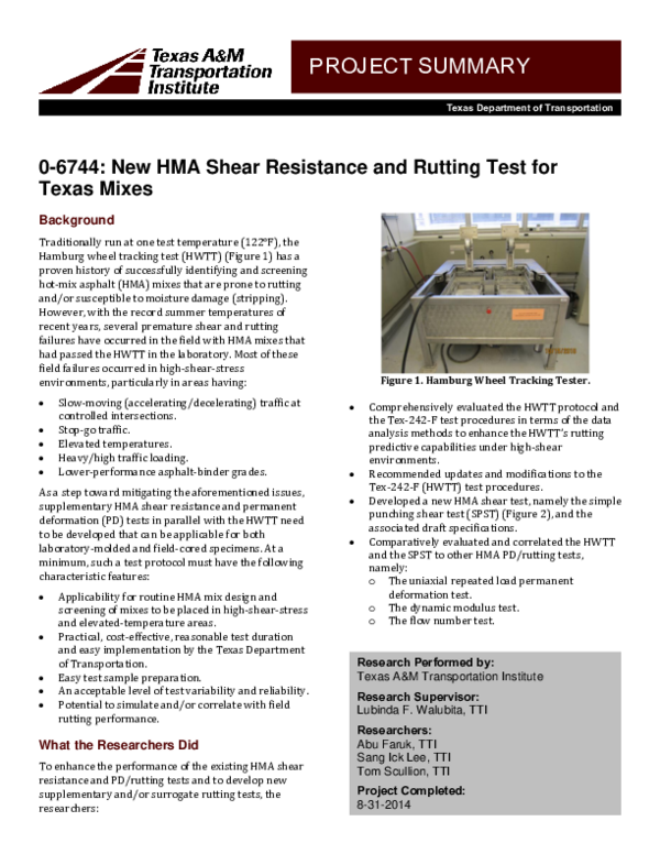 (PDF) 0-6744 : new HMA shear resistance and rutting test for Texas mixes