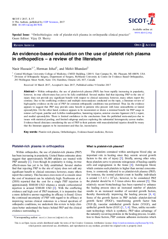 (PDF) An evidence-based evaluation on the use of platelet rich plasma ...
