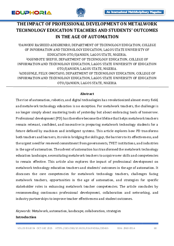 (PDF) THE IMPACT OF PROFESSIONAL DEVELOPMENT ON METALWORK TECHNOLOGY ...