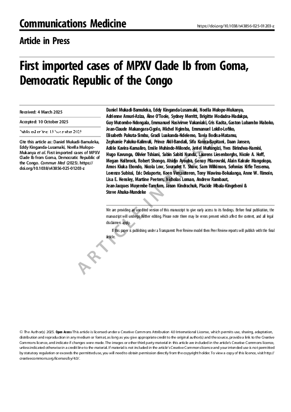 (PDF) Article in Press First imported cases of MPXV Clade Ib from Goma ...