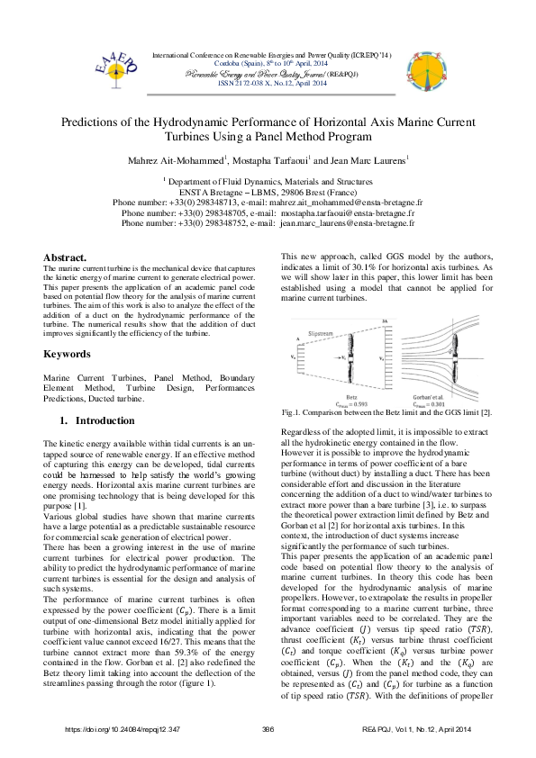 (PDF) Predictions of the Hydrodynamic Performance of Horizontal Axis ...