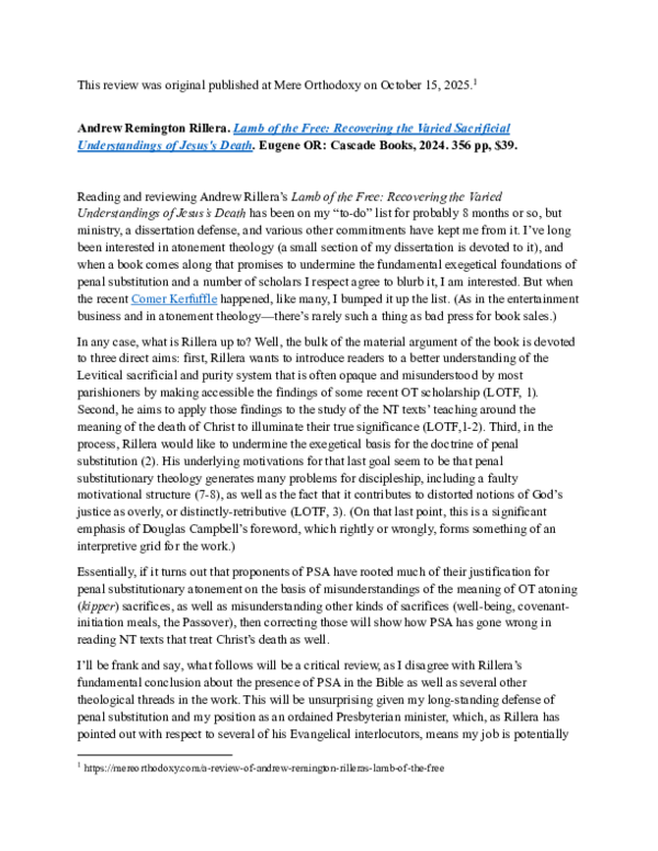 (PDF) Lamb of the Free - A Critical Review for Mere Orthodoxy