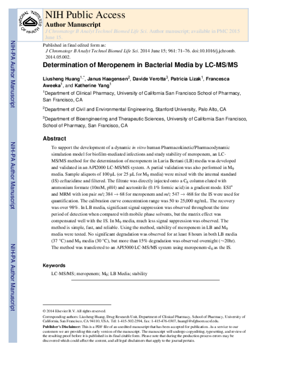 (PDF) Determination of meropenem in bacterial media by LC–MS/MS
