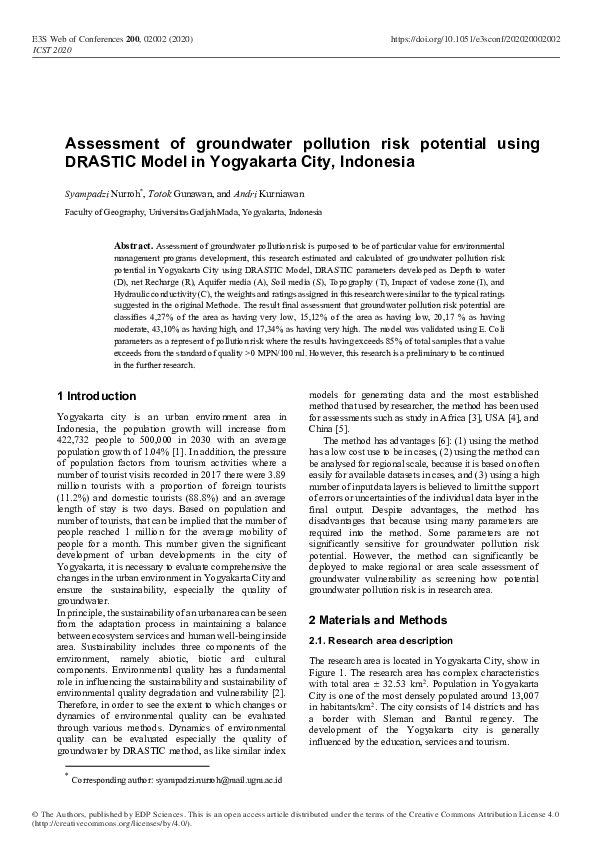 (PDF) Assessment of groundwater pollution risk potential using DRASTIC ...