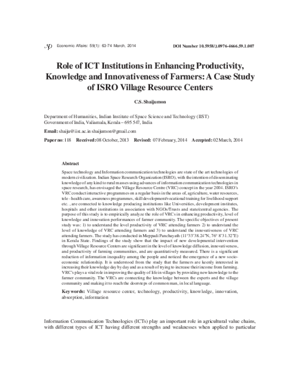 (PDF) Role of ICT Institutions in Enhancing Productivity, Knowledge and ...
