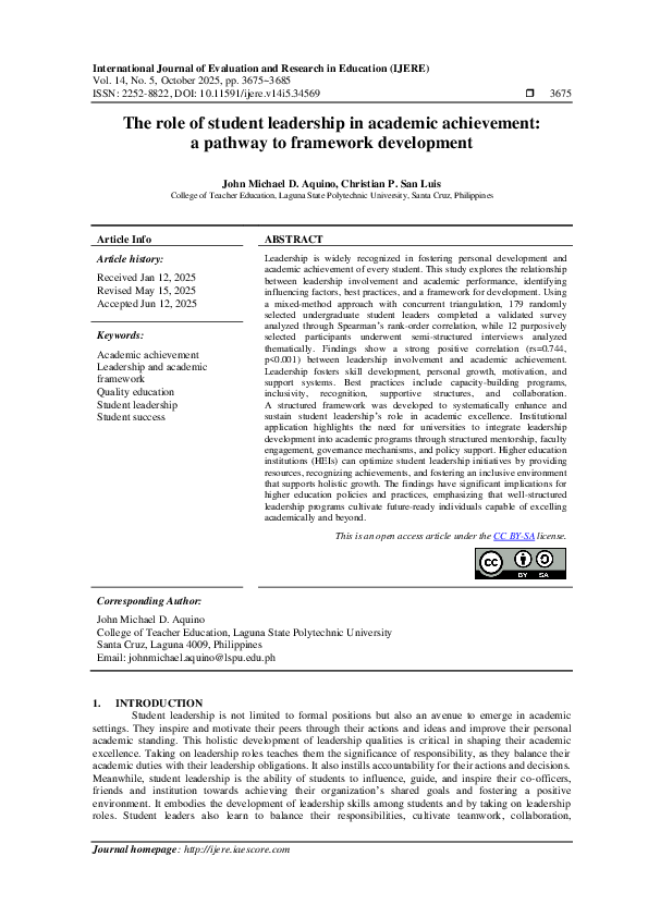 (PDF) The role of student leadership in academic achievement: a pathway ...