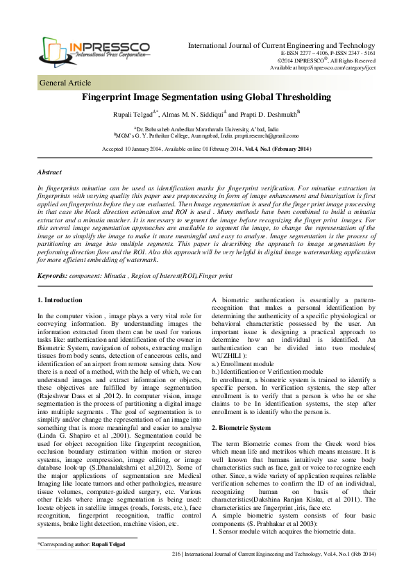 (PDF) Fingerprint Image Segmentation using Global Thresholding