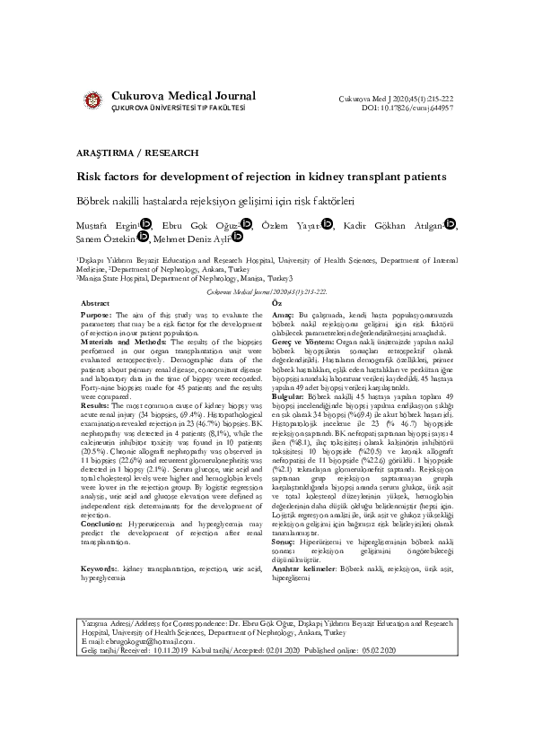 (PDF) Risk factors for development of rejection in kidney transplant ...