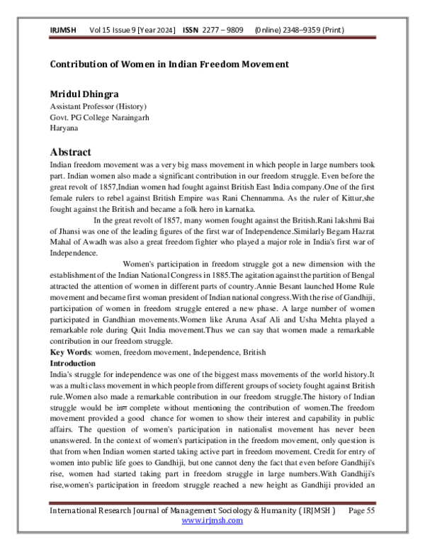 (PDF) Contribution of Women in Indian Freedom Movement