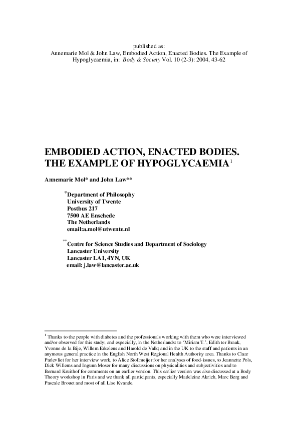 (PDF) Embodied Action, Enacted Bodies: the Example of Hypoglycaemia