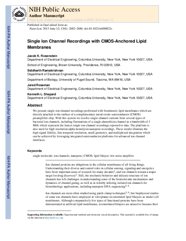 (PDF) Single Ion Channel Recordings with CMOS-Anchored Lipid Membranes