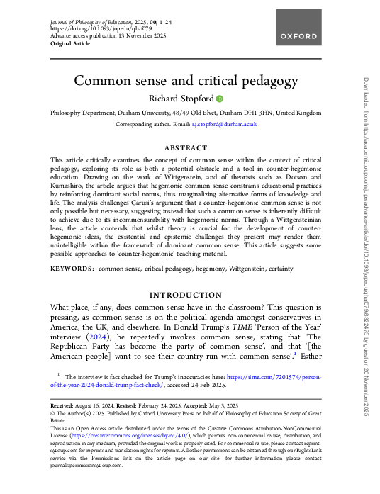(PDF) Common sense and critical pedagogy