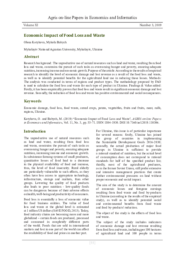 (PDF) Economic Impact of Food Loss and Waste