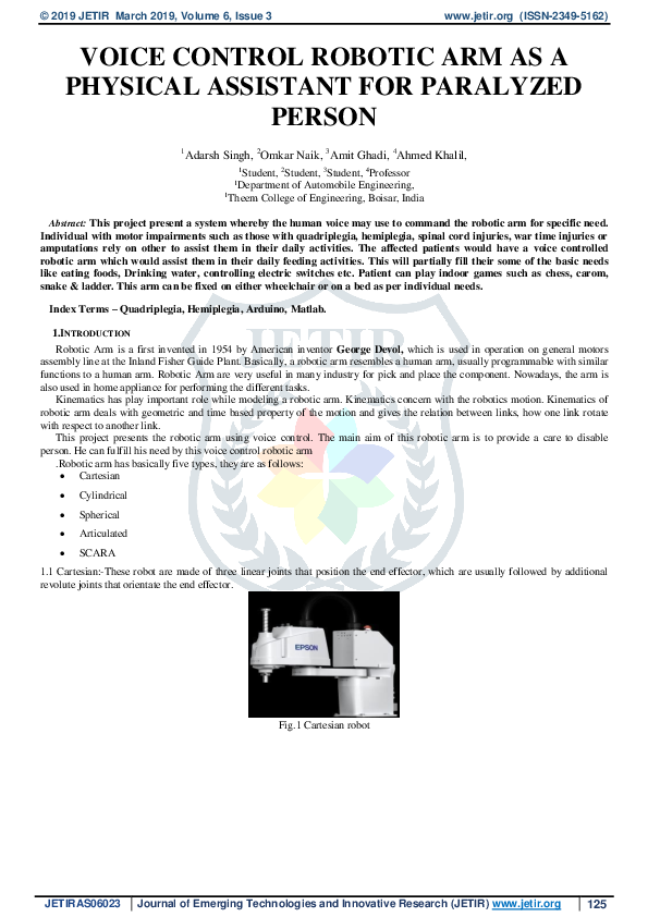 (PDF) Voice Control Robotic Arm as a Physical Assistant for Paralyzed ...