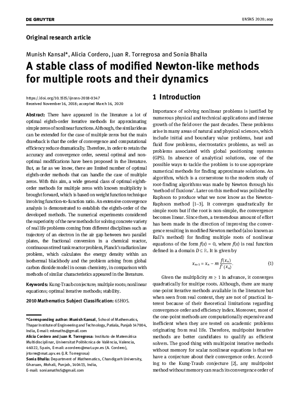 (PDF) A stable class of modified Newton-like methods for multiple roots ...