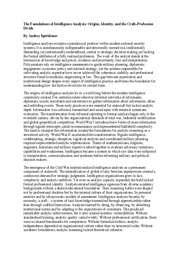 (PDF) The Foundations of Intelligence Analysis: Origins, Identity, and ...