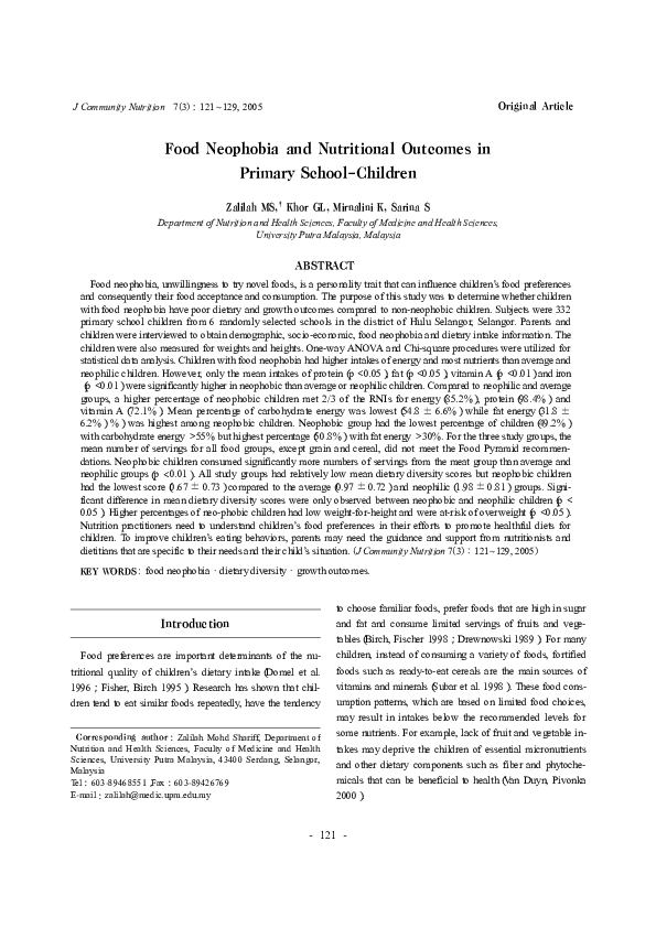 (PDF) Food Neophobia and Nutritional Outcomes in Primary School-Children