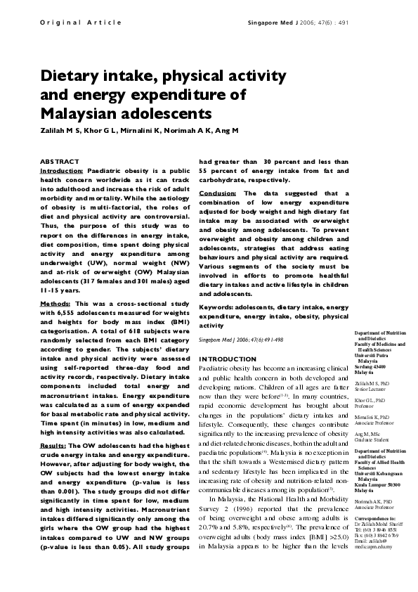 (PDF) Dietary intake, physical activity and energy expenditure of ...