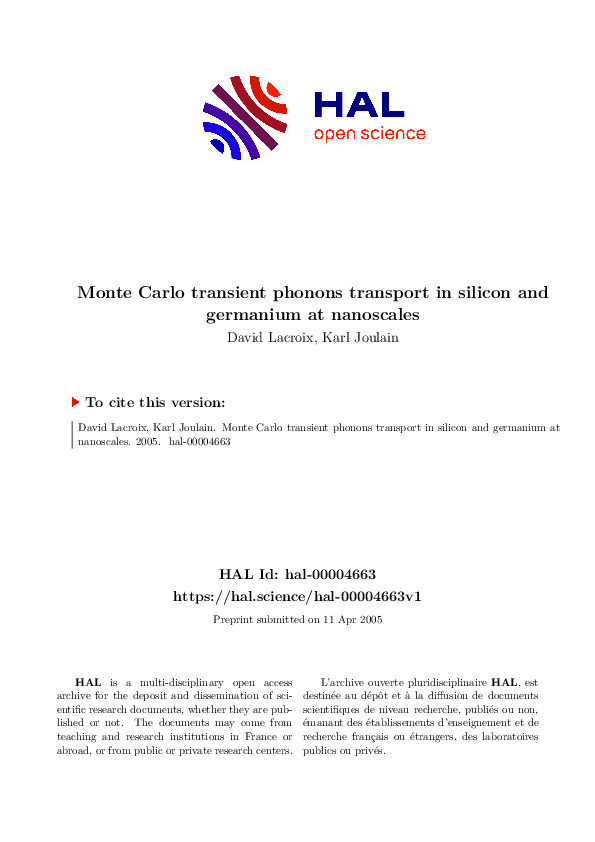 (PDF) Monte Carlo transient phonons transport in silicon and germanium ...