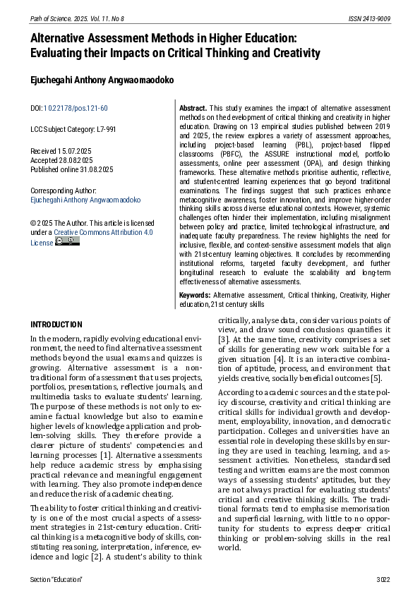 (PDF) Alternative Assessment Methods in Higher Education: Evaluating ...