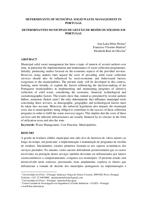 (PDF) Determinants of municipal solid waste management in Portugal