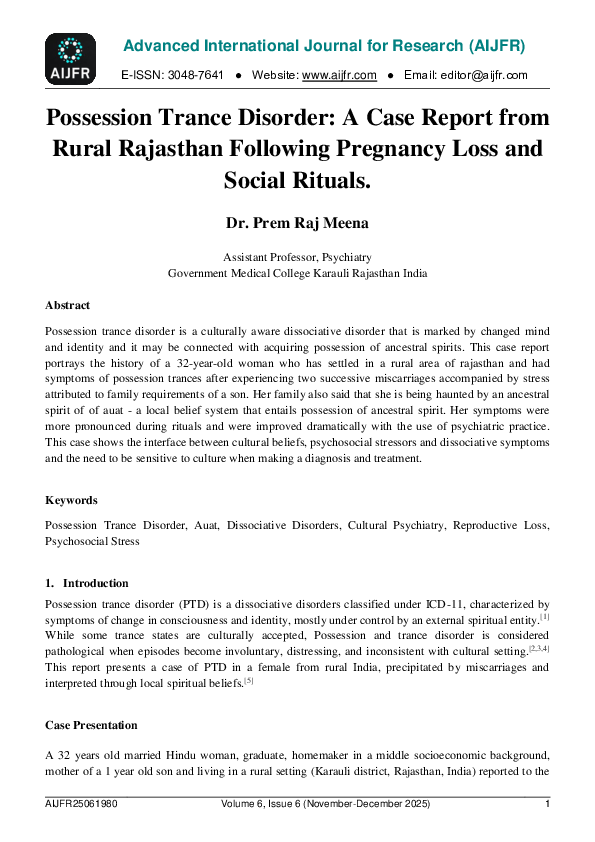 (PDF) Possession Trance Disorder: A Case Report From Rural Rajasthan ...