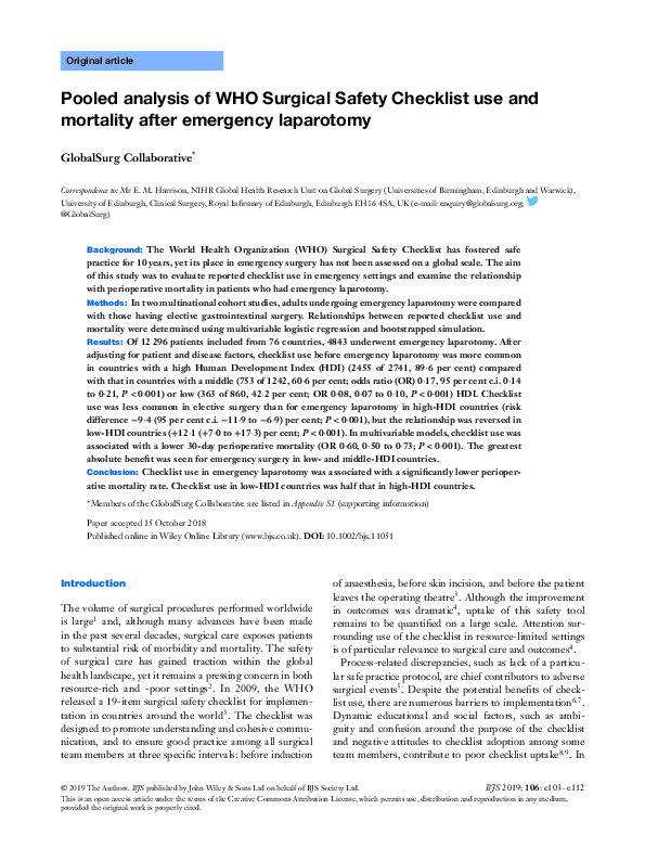 (PDF) Pooled analysis of WHO Surgical Safety Checklist use and ...