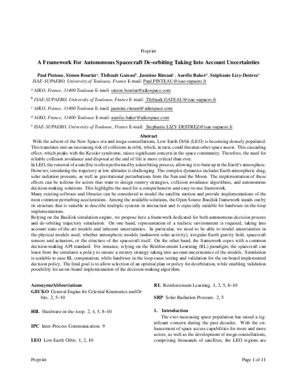 (PDF) A Framework For Autonomous Spacecraft De-orbiting Taking Into ...