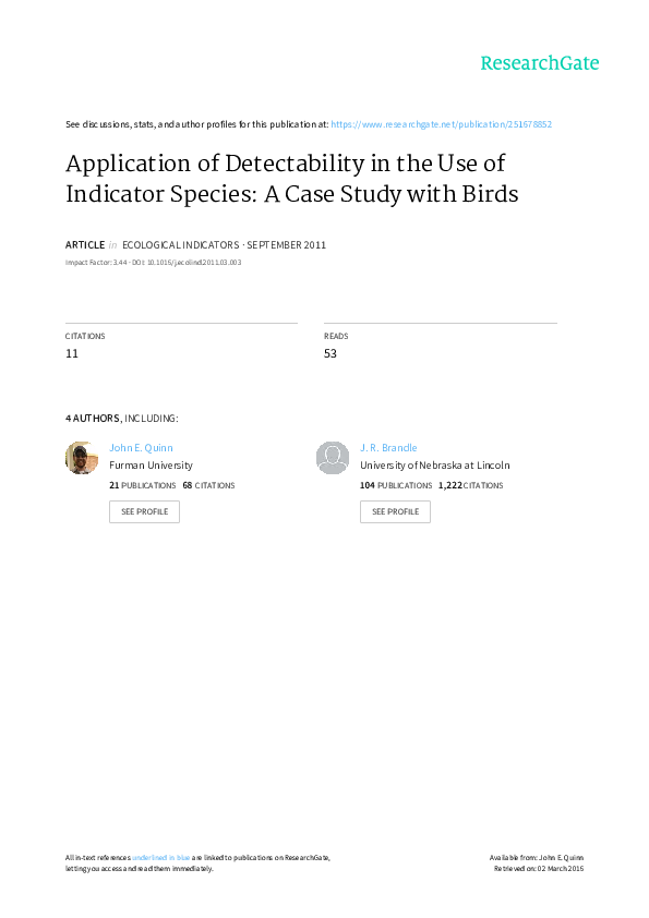 (PDF) Application of detectability in the use of indicator species: A ...