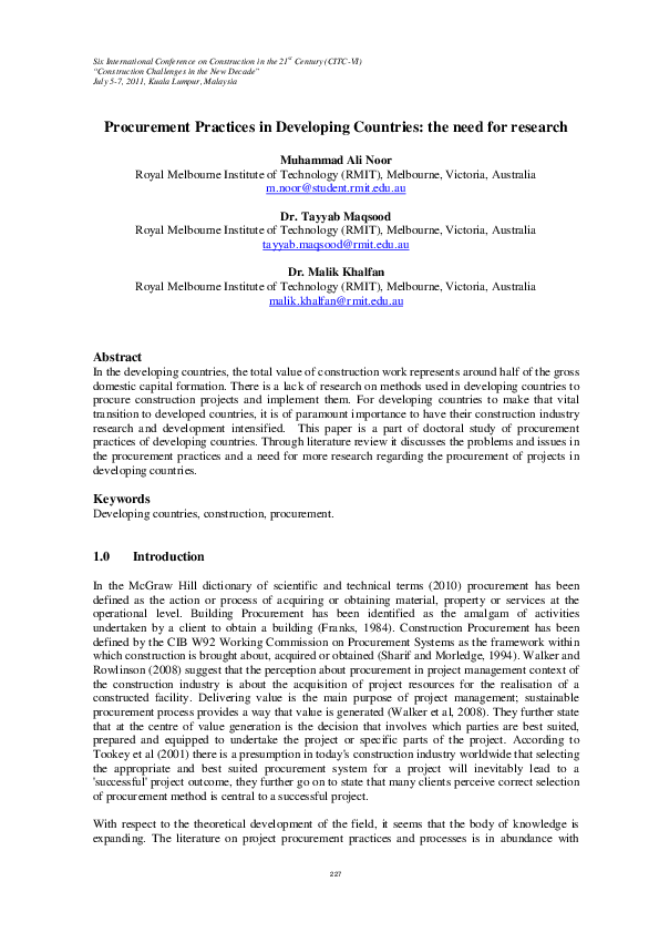 (PDF) Procurement practices in developing countries: The need for research
