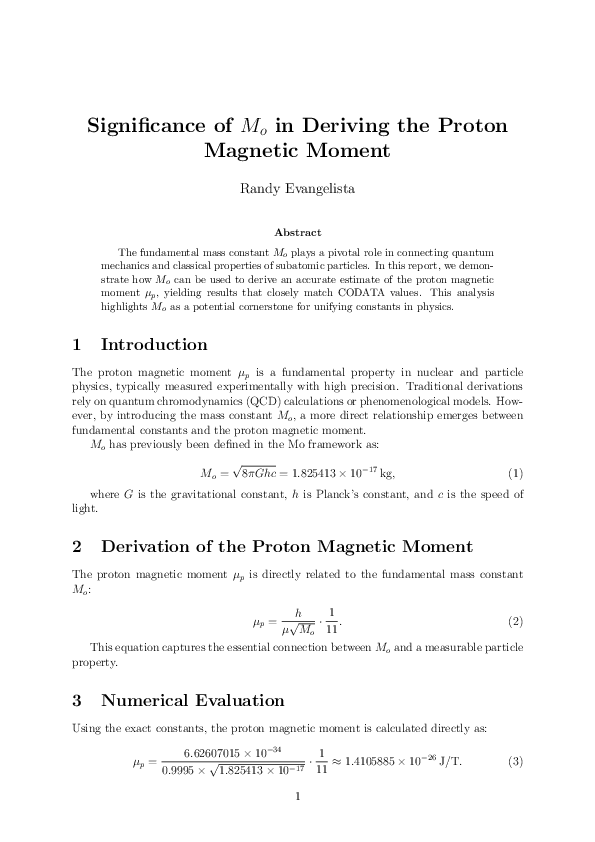 (PDF) Significance of M o in Deriving the Proton Magnetic Moment