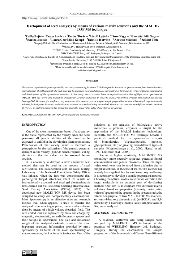 (PDF) Development of seed analyses by means of various matrix solutions ...