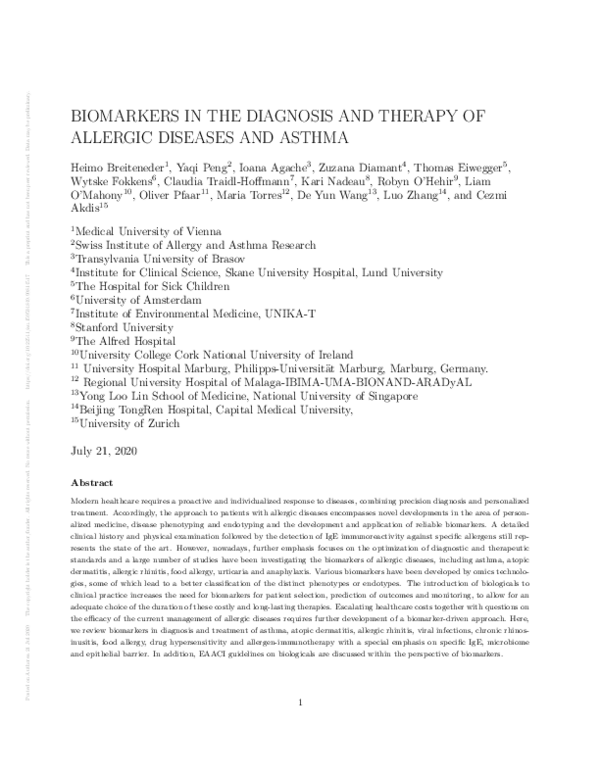 (PDF) Biomarkers in the Diagnosis and Therapy of Allergic Diseases and ...