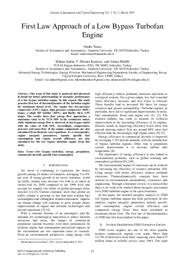 (PDF) First Law Approach of a Low Bypass Turbofan Engine
