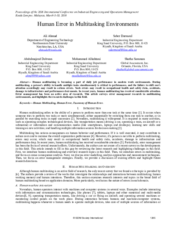 (PDF) Human Error in Multitasking Environments