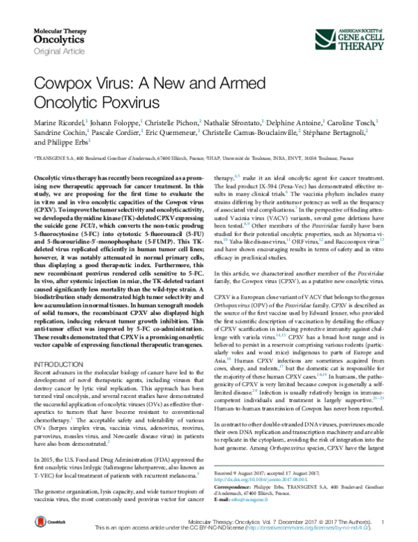 (PDF) Cowpox Virus: A New and Armed Oncolytic Poxvirus