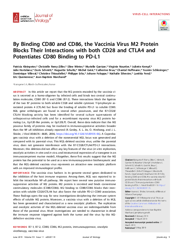 (PDF) By Binding CD80 and CD86, the Vaccinia Virus M2 Protein Blocks ...