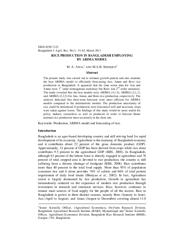 (PDF) Rice Production In Bangladesh Employing By Arima Model
