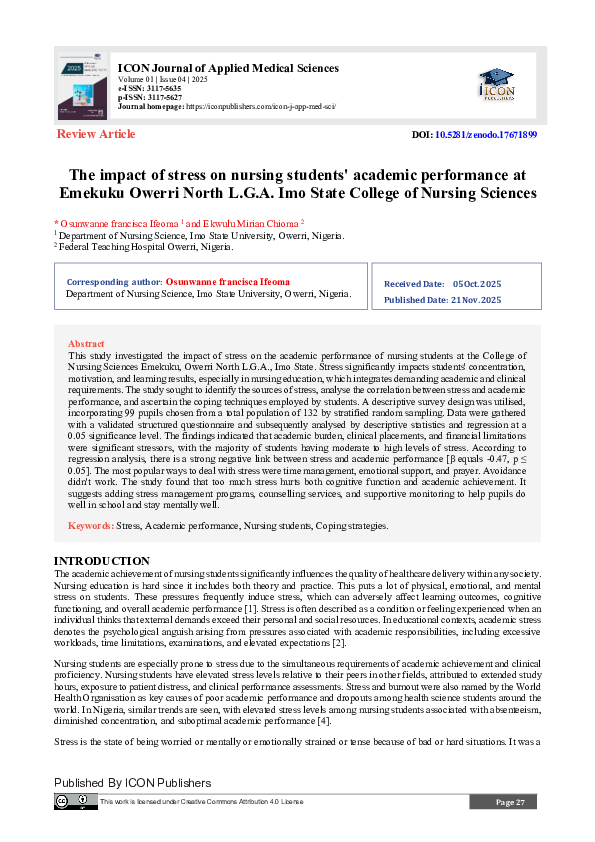 (PDF) The impact of stress on nursing students' academic performance at ...