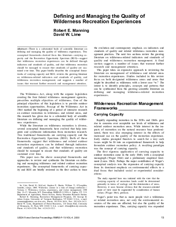(PDF) Defining and managing the quality of wilderness recreation ...