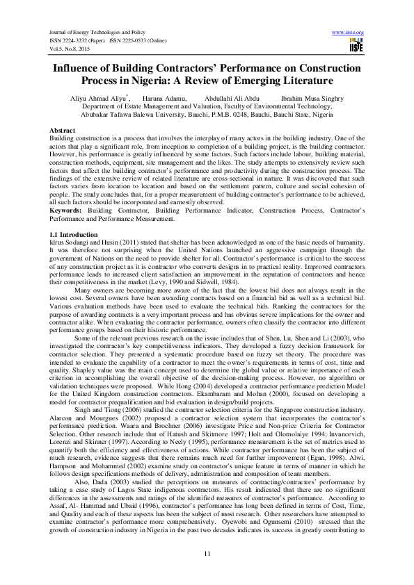 (PDF) Influence of Building Contractors’ Performance on Construction ...