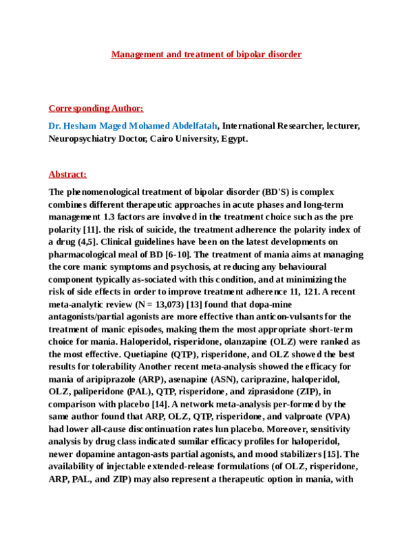 (PDF) Management and treatment of bipolar disorder
