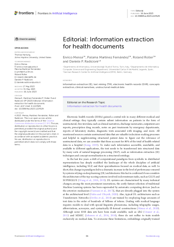(PDF) Editorial: Information extraction for health documents