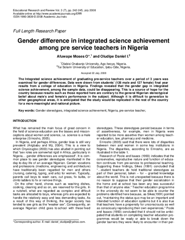 (PDF) Gender difference in integrated science achievement among pre ...