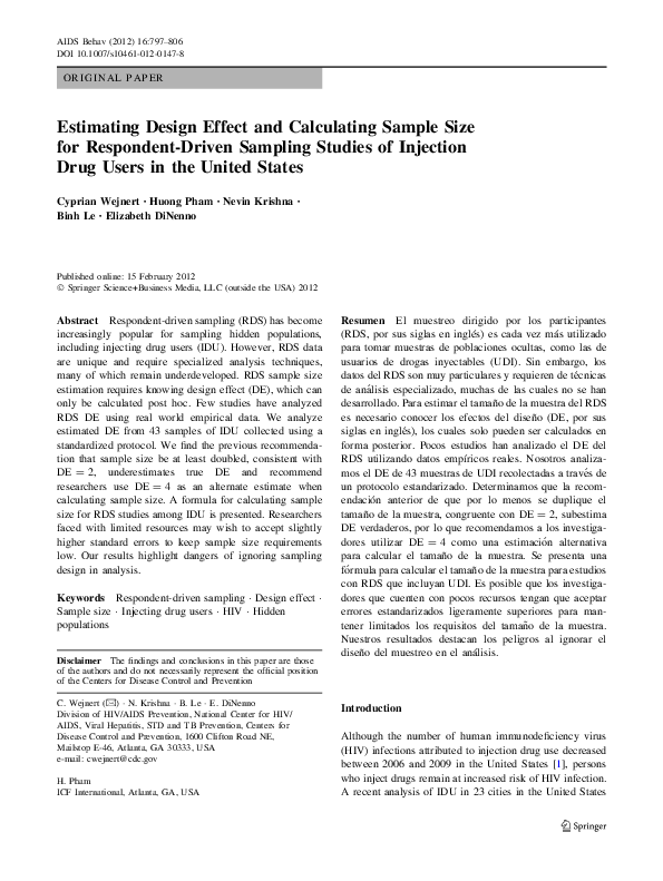(PDF) Estimating Design Effect and Calculating Sample Size for ...